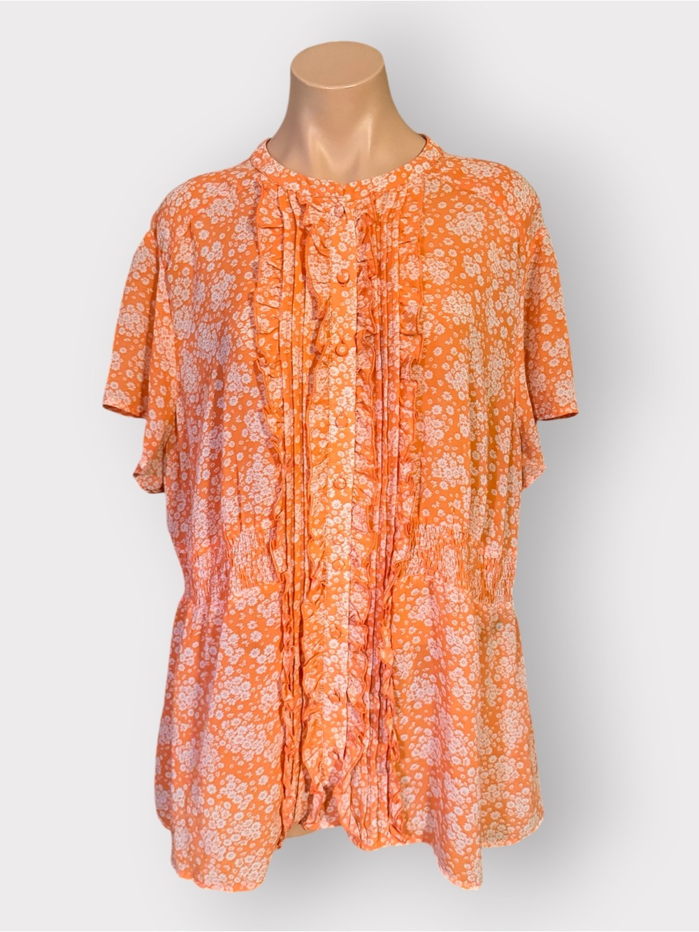 Torrid Women’s 3X Orange Floral Smocked Waist Ruffle Button Front Blouse Top